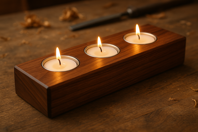 Three-Tea-Light Candle Block Beginner Woodworking Plan
